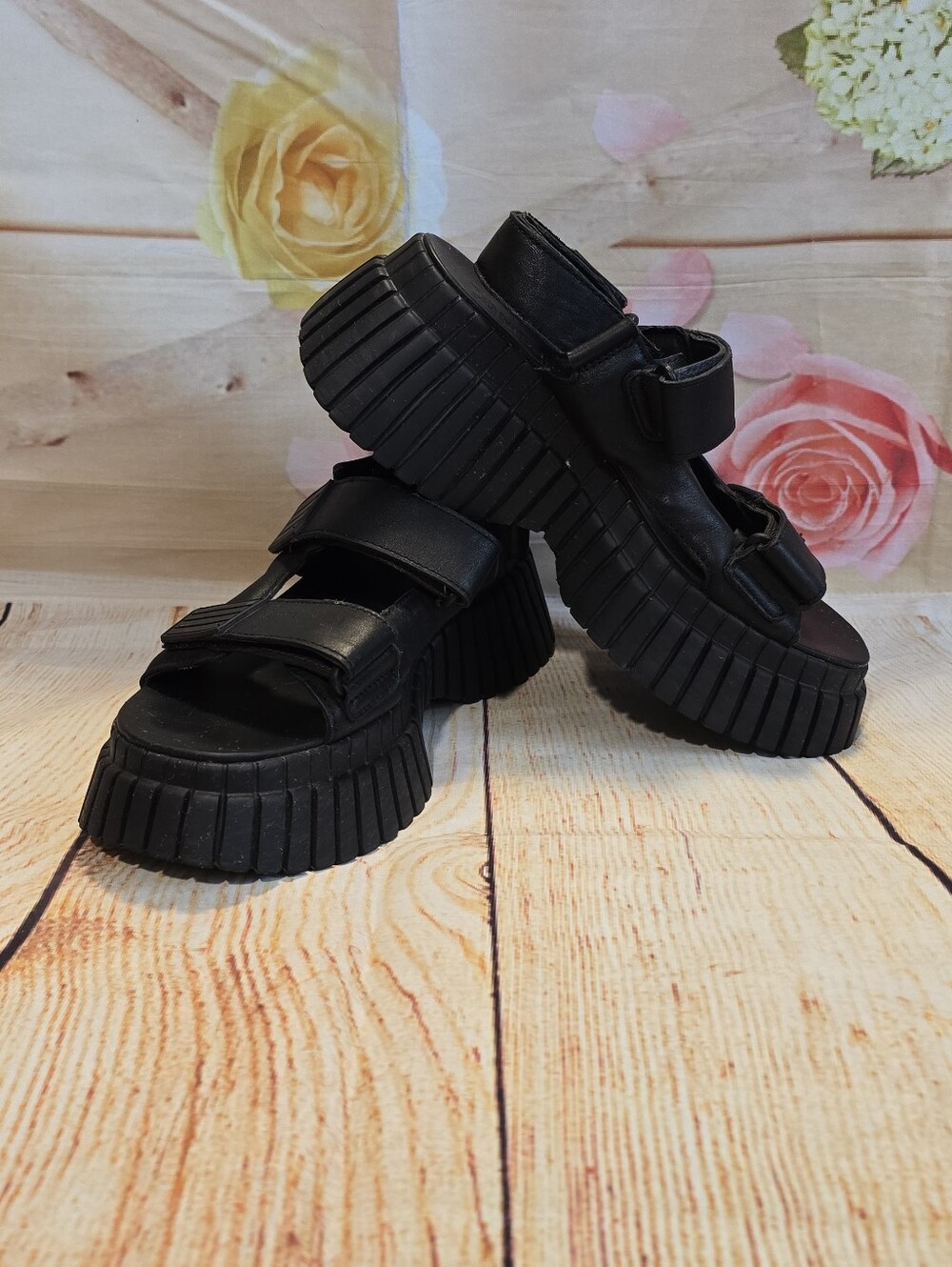 Camper Black Platform Velcro Sandals